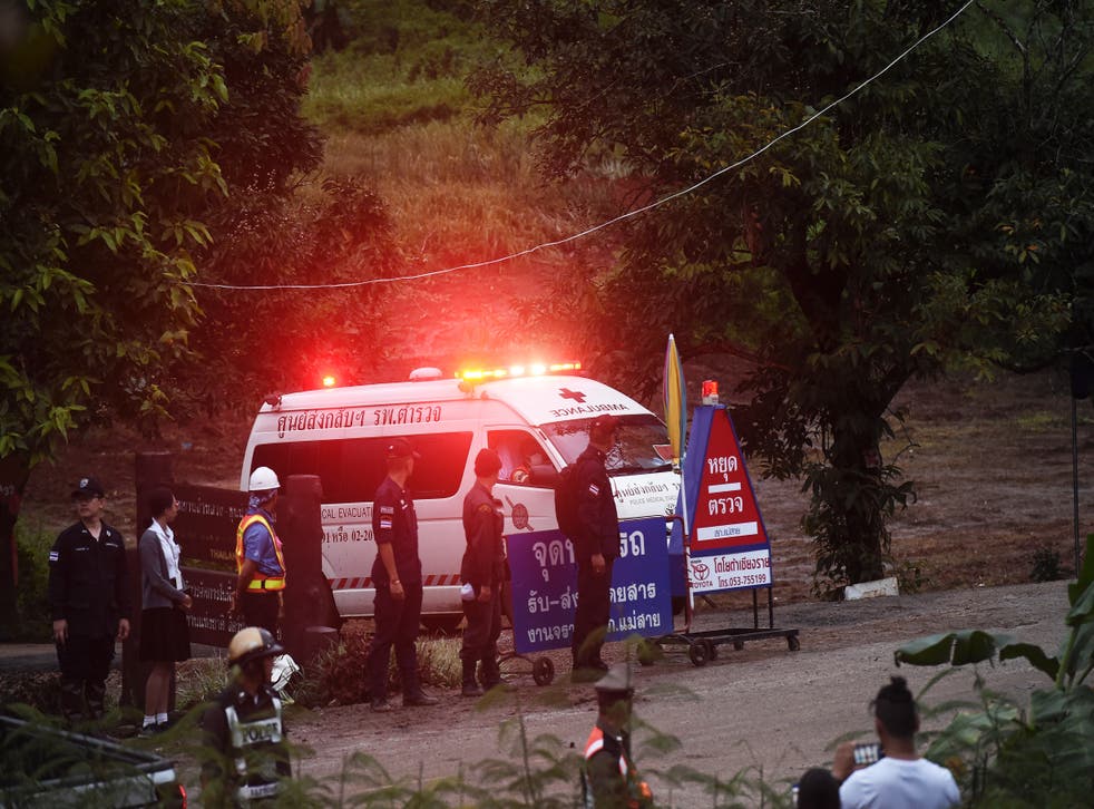 <p>An ambulance leaves the Tham Luang cave area after the evacuation </p>