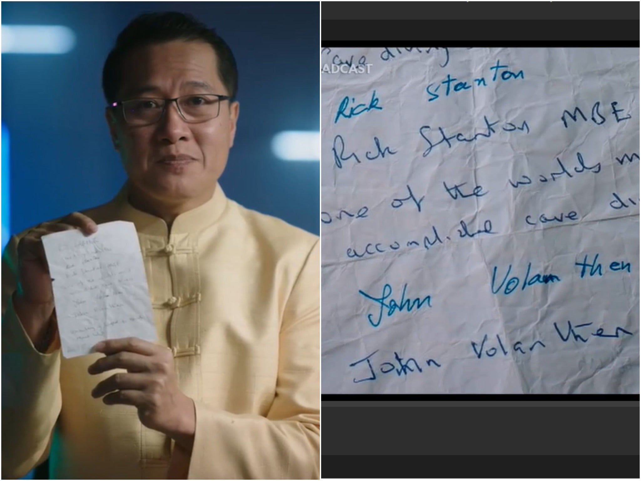 Weerasak Kowsurat, Thai Minister of Sports and Tourism, with the scrap of paper showing the best cave divers in the world