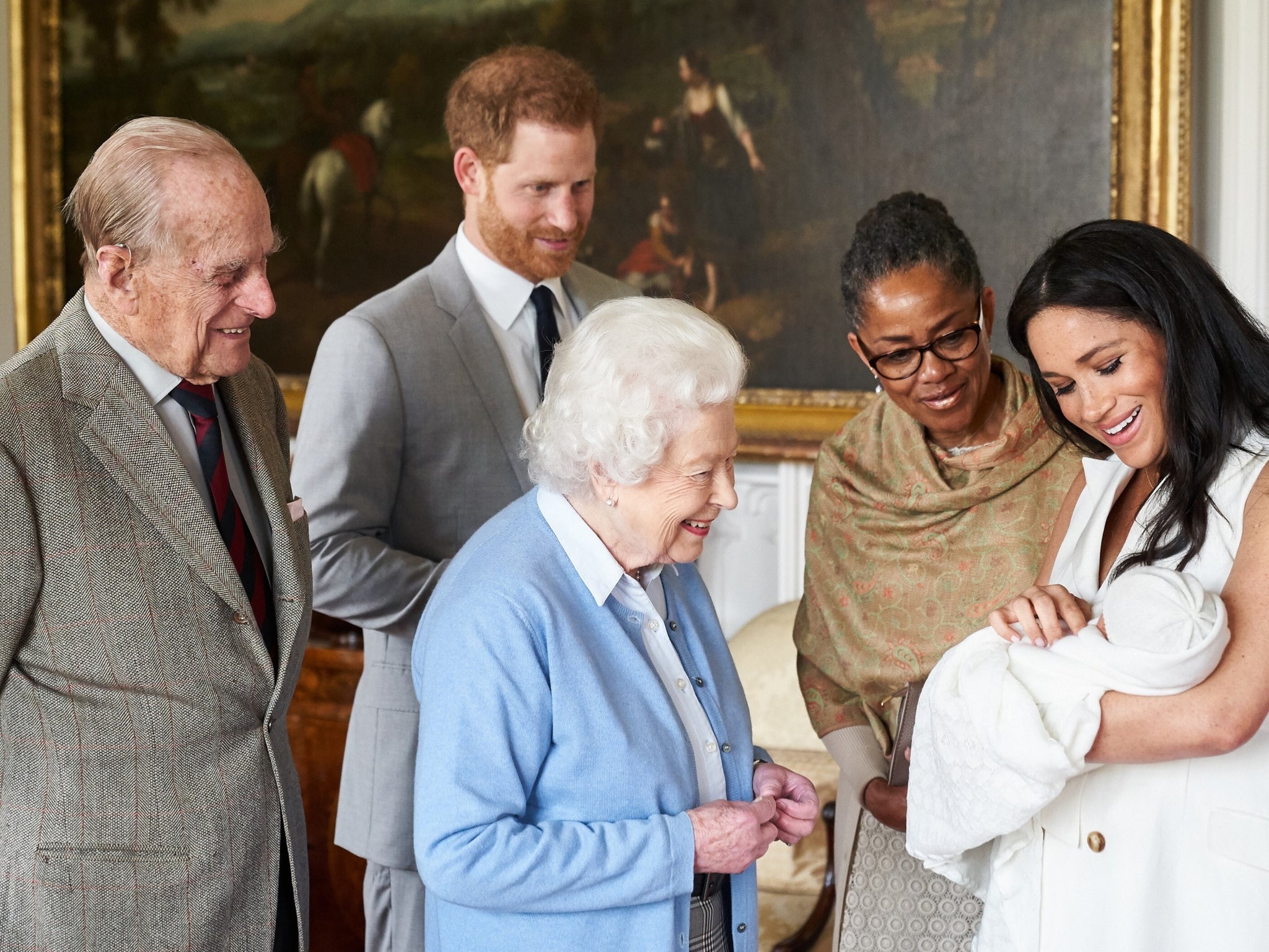 (L-R) Prince Philip, Prince Harry, the Queen, Doria Ragland and Meghan Markle with baby Archie in 2019