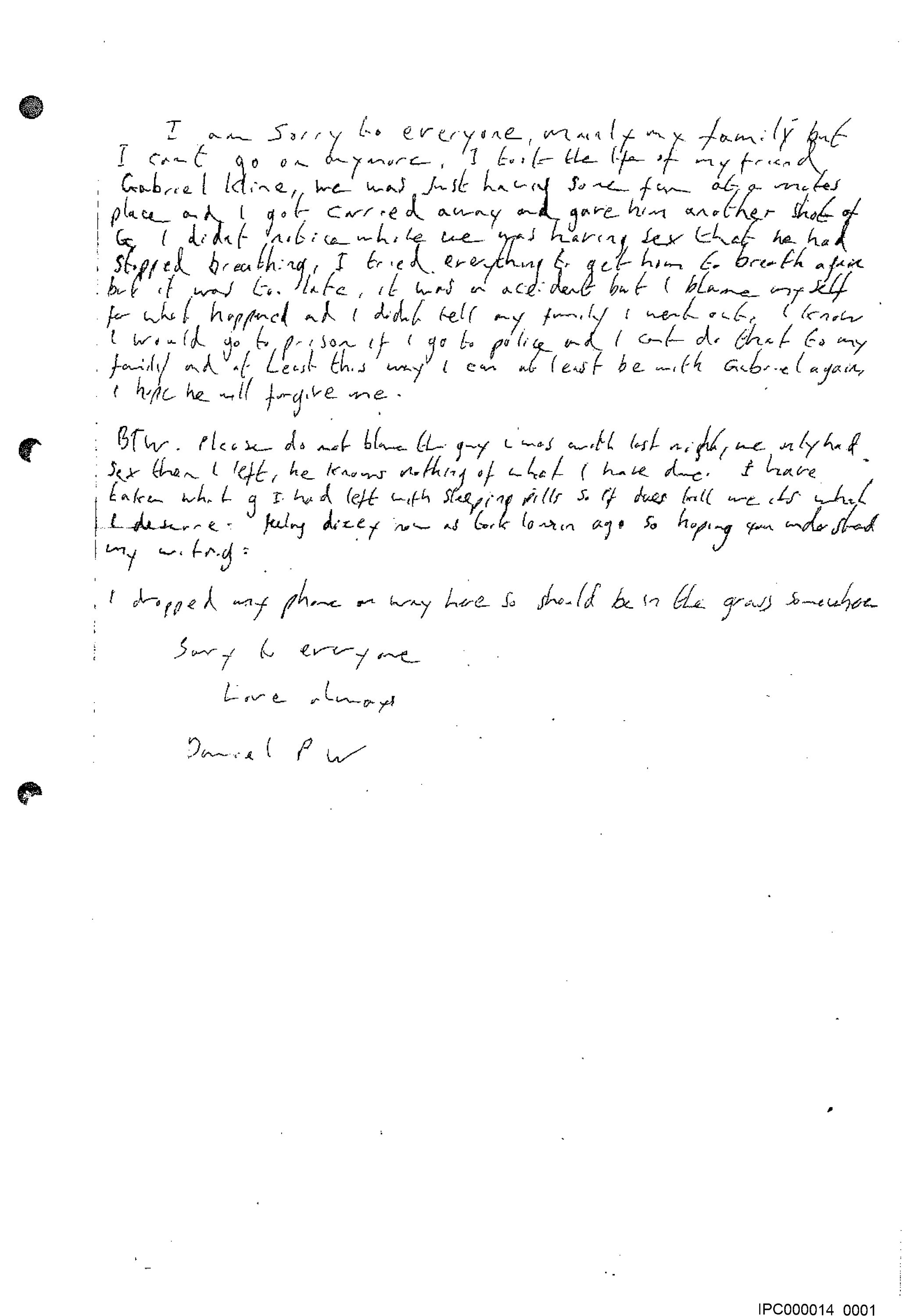 The fake suicide note written by Stephen Port to frame Daniel Whitworth for murdering his second victim, Gabriel Kovari