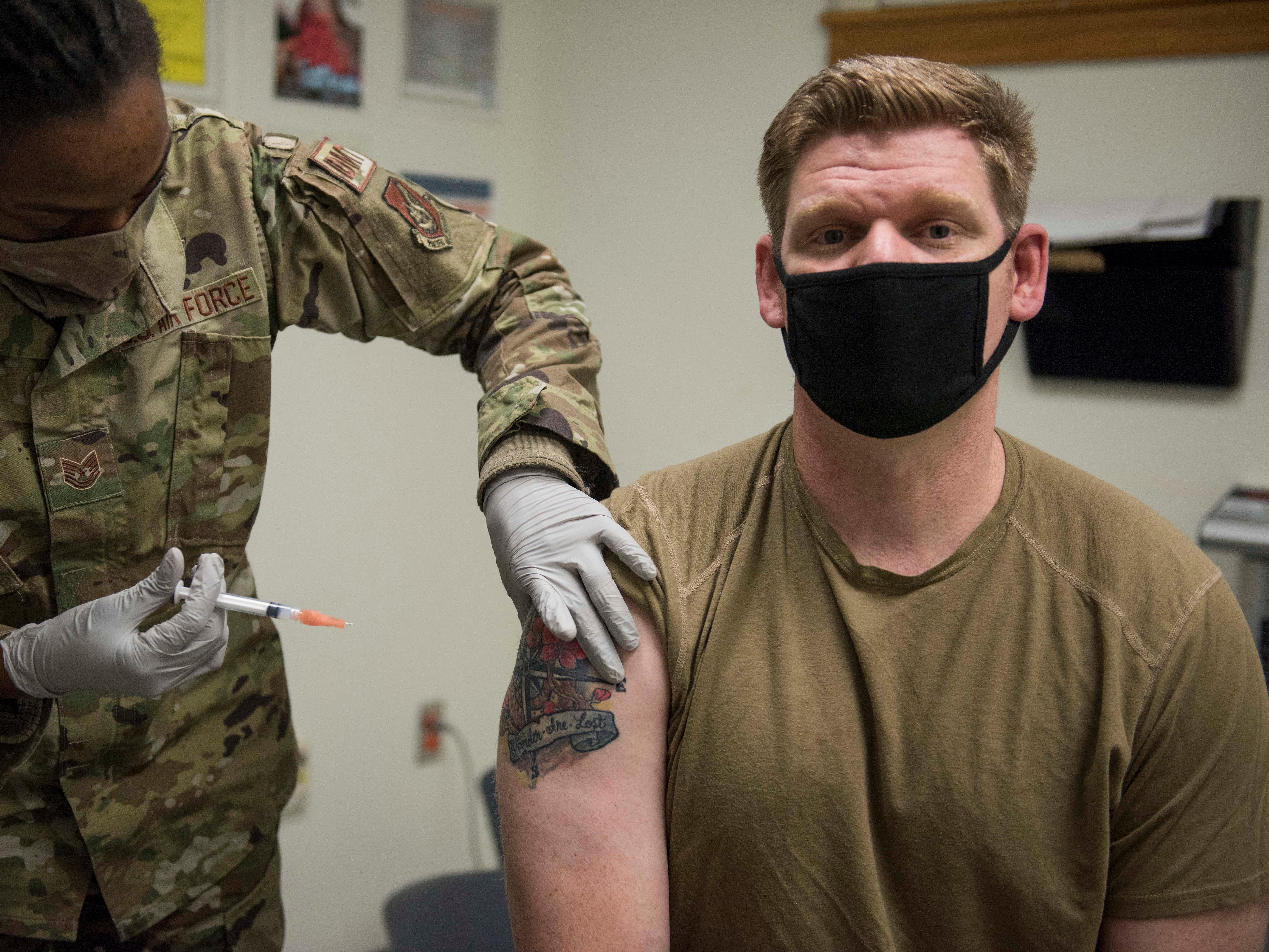 <p>In this handout image provided by United States Forces Korea, U.S. Air Force Sgt. Andrew Kehl receives a dose of the Moderna COVID-19 vaccine at Kunsan Air Base on December 29, 2020</p>