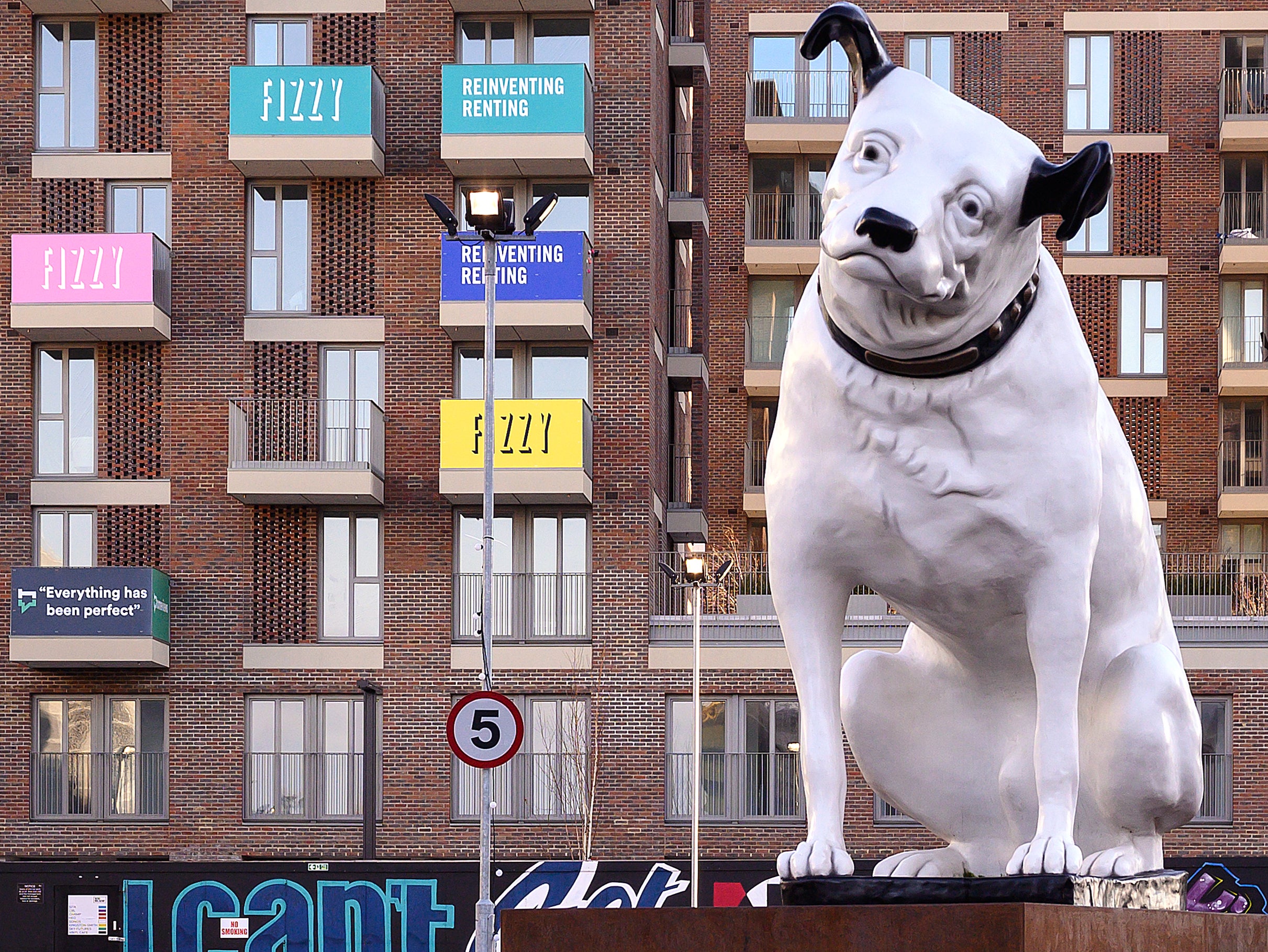 A statue of Nipper, the canine mascot of HMV, in London