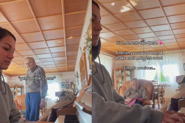 <p>Woman shares video of her 93-year-old grandfather with Alzheimer’s enjoying listening to her play the piano</p>