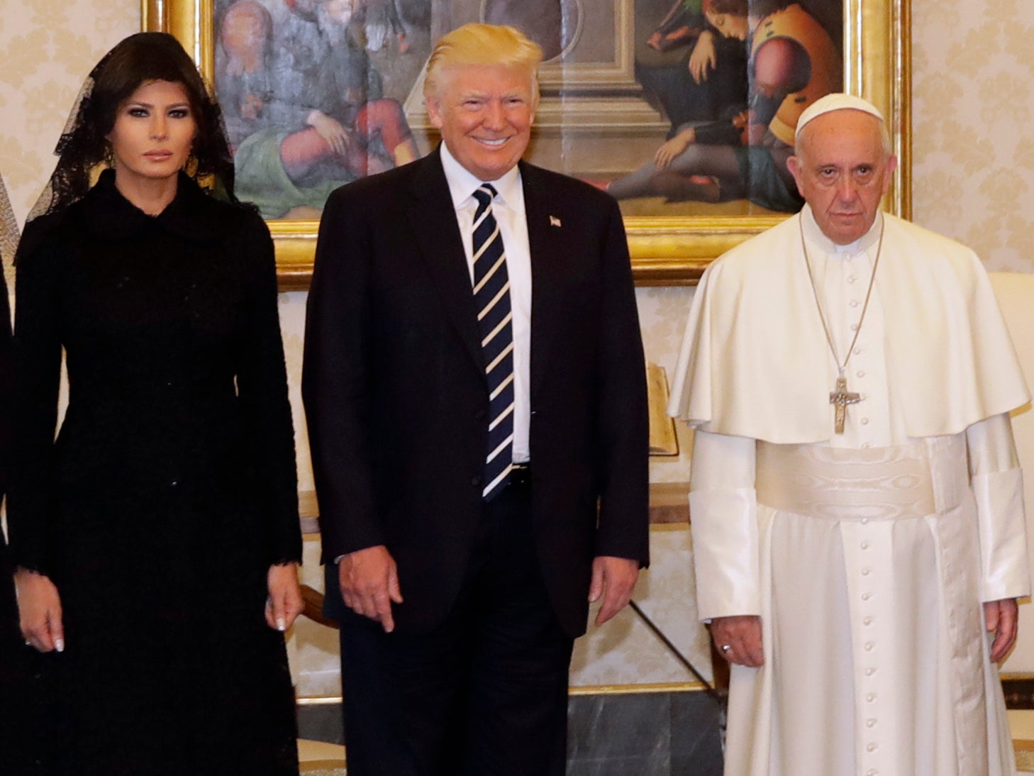 Pope Francis stands with President Donald Trump, First Lady Melania Trump, and Mr Trump’s daughter Ivanka Trump on 24 May 2017