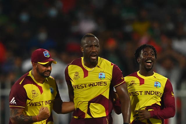 <p>Andre Russell, Ravi Rampaul and Hayden Walsh Jr of West Indies</p>