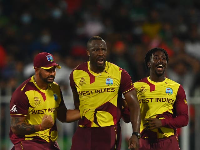 <p>Andre Russell, Ravi Rampaul and Hayden Walsh Jr of West Indies</p>