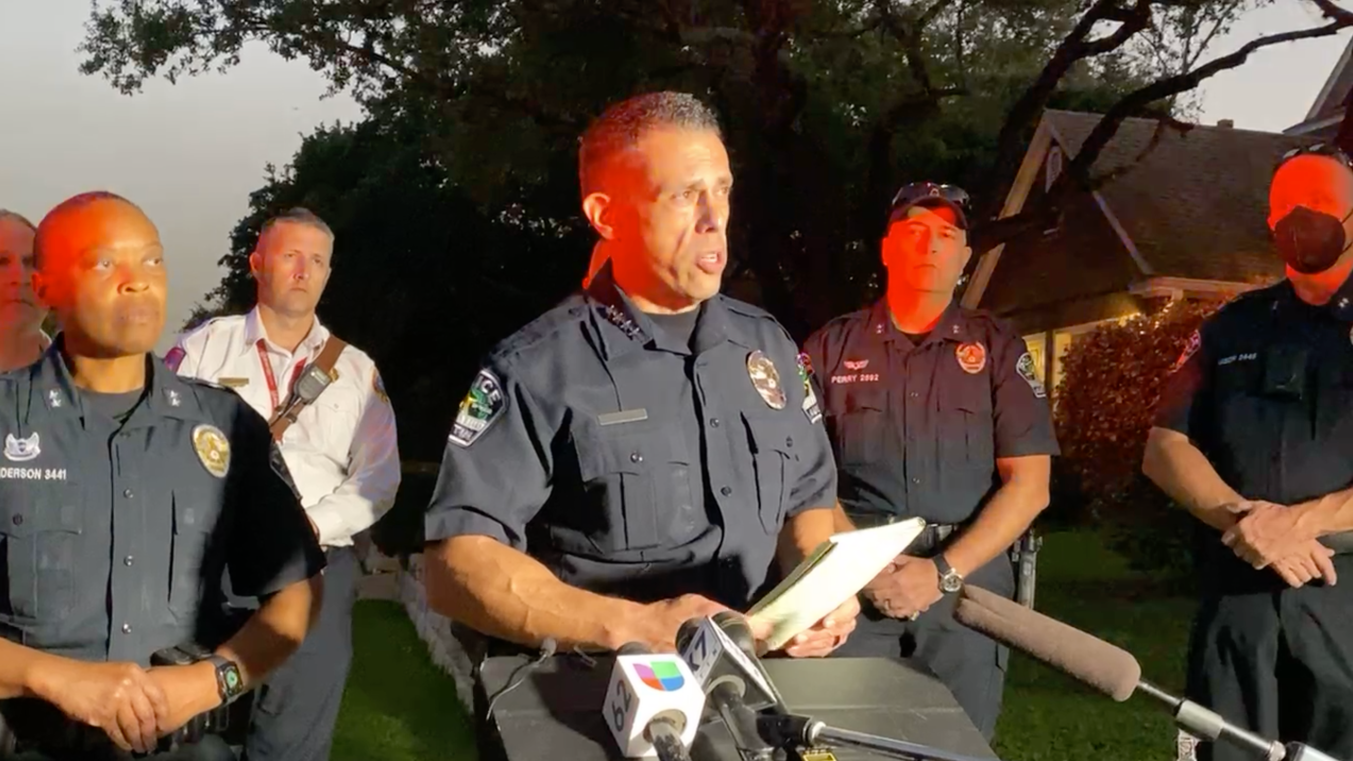 Austin Police Chief Joseph Chacon briefs reporters on a violent standoff at 10600 Pinkney Lane