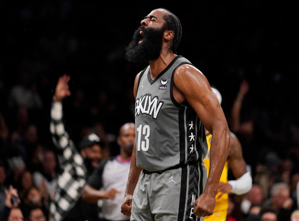 Brooklyn Nets guard James Harden reacts after scoring during the first half of the team’s NBA basketball game against the Indiana Pacers (Mary Altaffer/AP)
