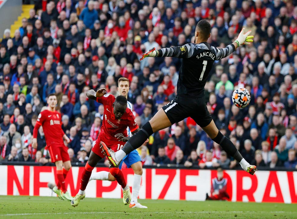 <p>Sadio Mane scores past Robert Sanchez in the Liverpool goal</p>