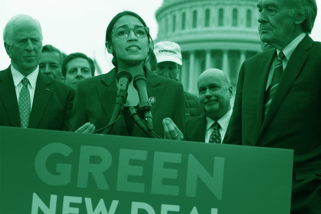 <p>Alexandria Ocasio-Cortez and Ed Markey introduce the Green New Deal resolution on 7 February 2019</p>