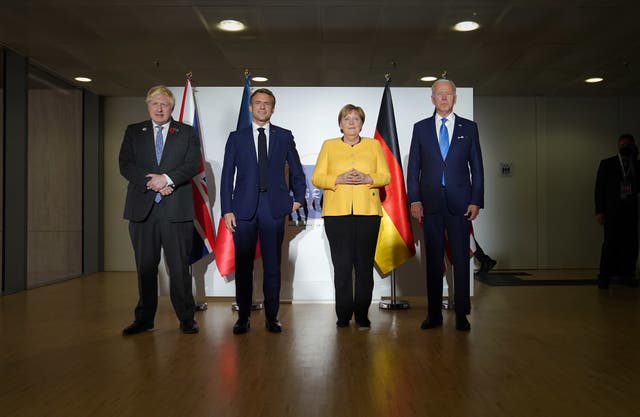 Boris Johnson, Emmanuel Macron, Angela Merkel and Joe Biden together at the G20 summit in Rome on Saturday 