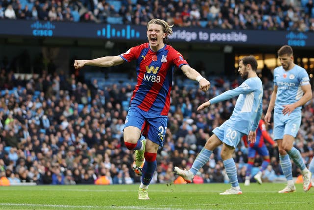 <p>Conor Gallagher celebrates scoring Palace’s second goal against Man City </p>