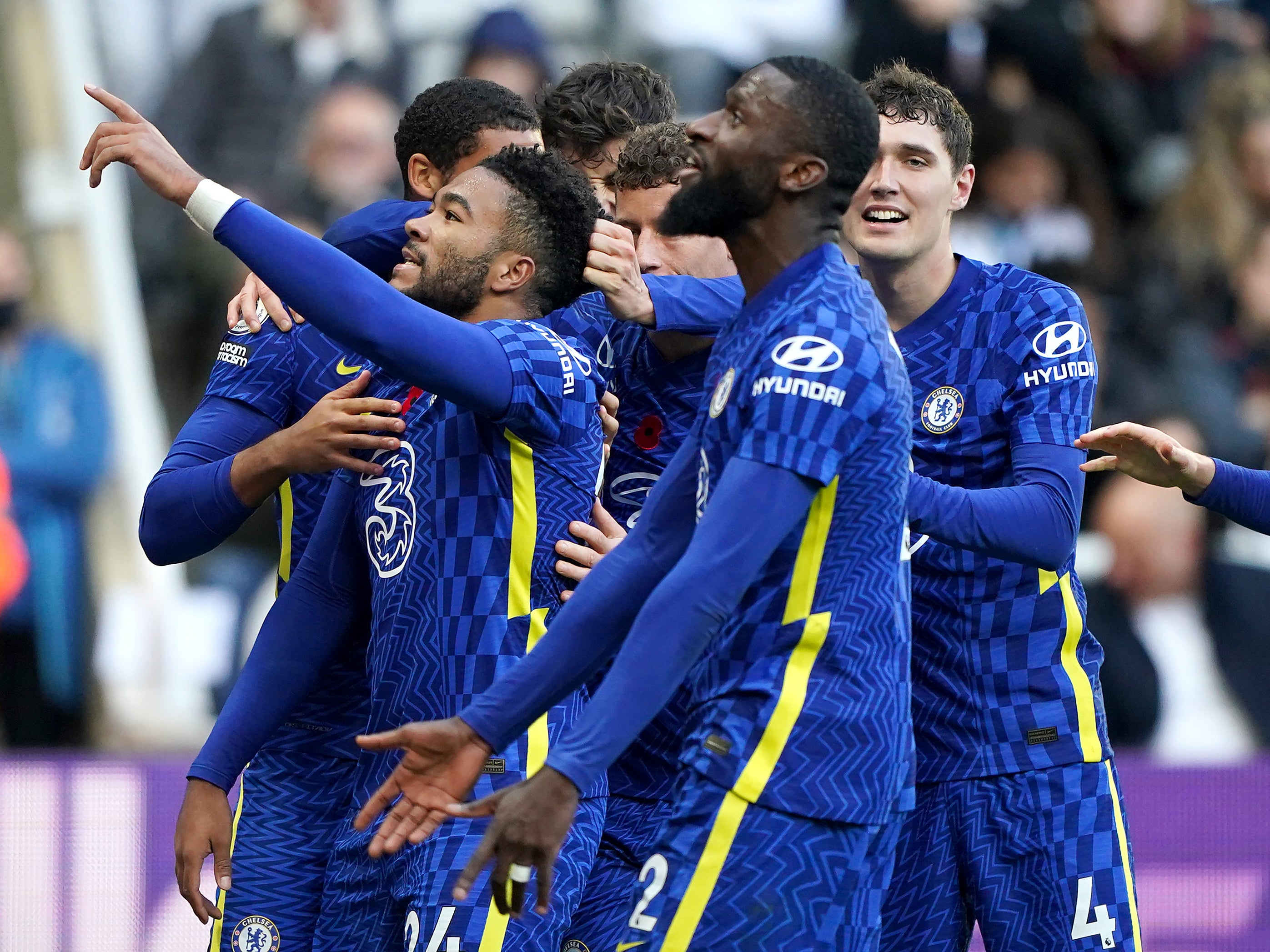 Chelsea's Reece James (left) celebrates scoring at St James’ Park