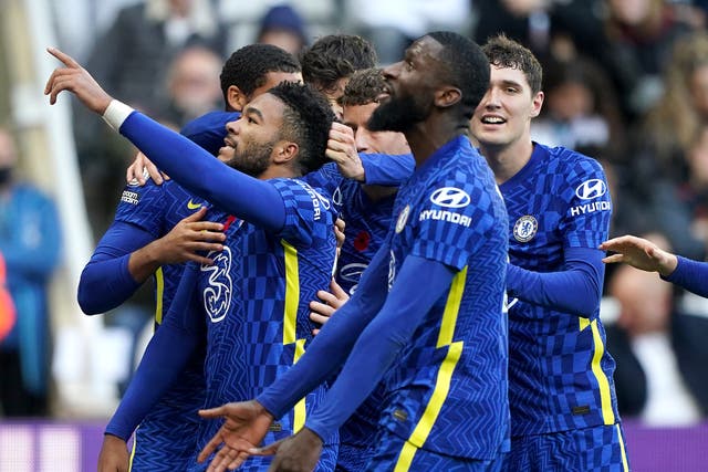 <p>Chelsea's Reece James (left) celebrates scoring at St James’ Park </p>