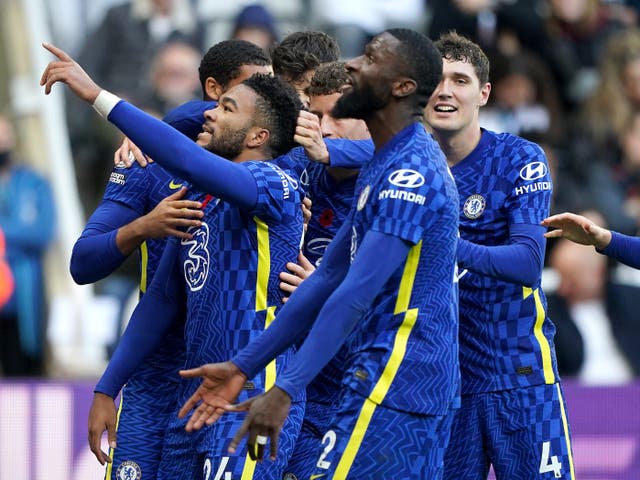 <p>Chelsea's Reece James (left) celebrates scoring at St James’ Park </p>