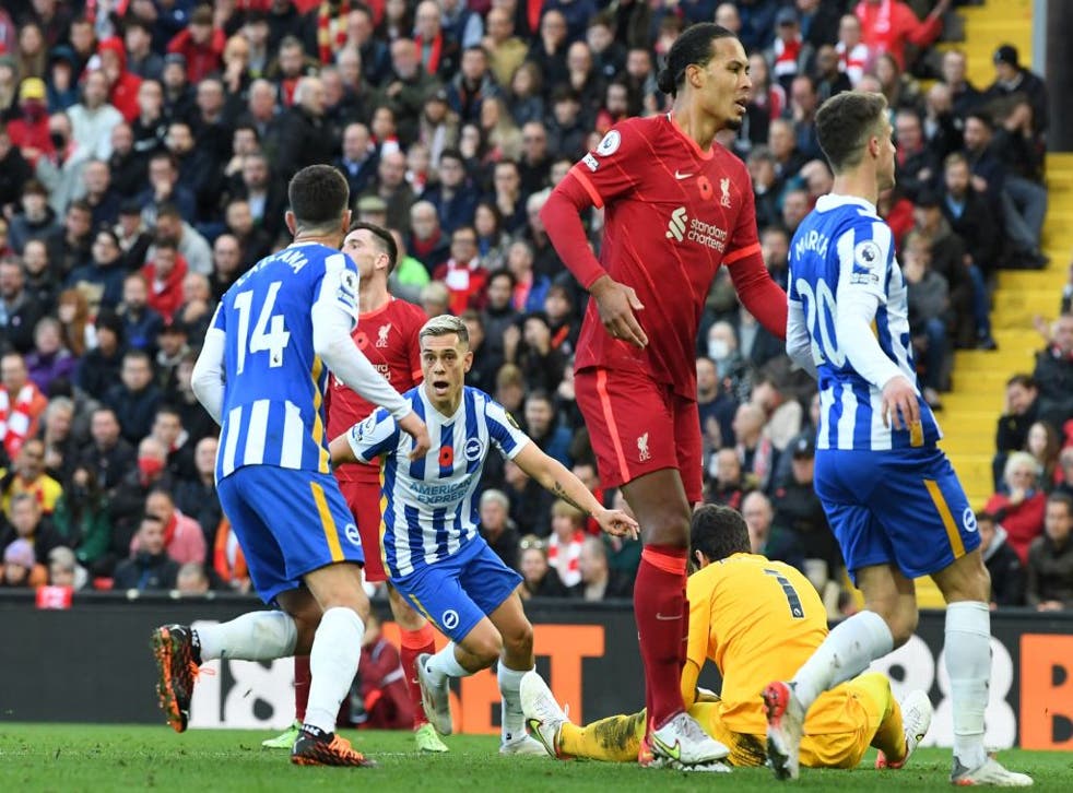 <p>Leandro Trossard  celebrates after scoring Brighton’s second goal in the draw at Anfield </p>