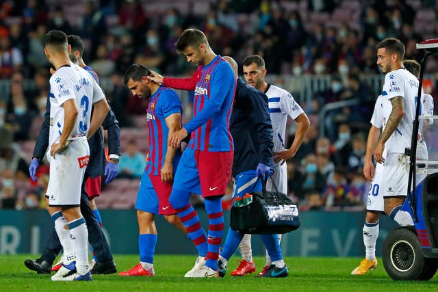 <p>Barcelona’s Sergio Aguero, second left, lasted less than 45 minutes against Alaves (Joan Monfort/AP)</p>