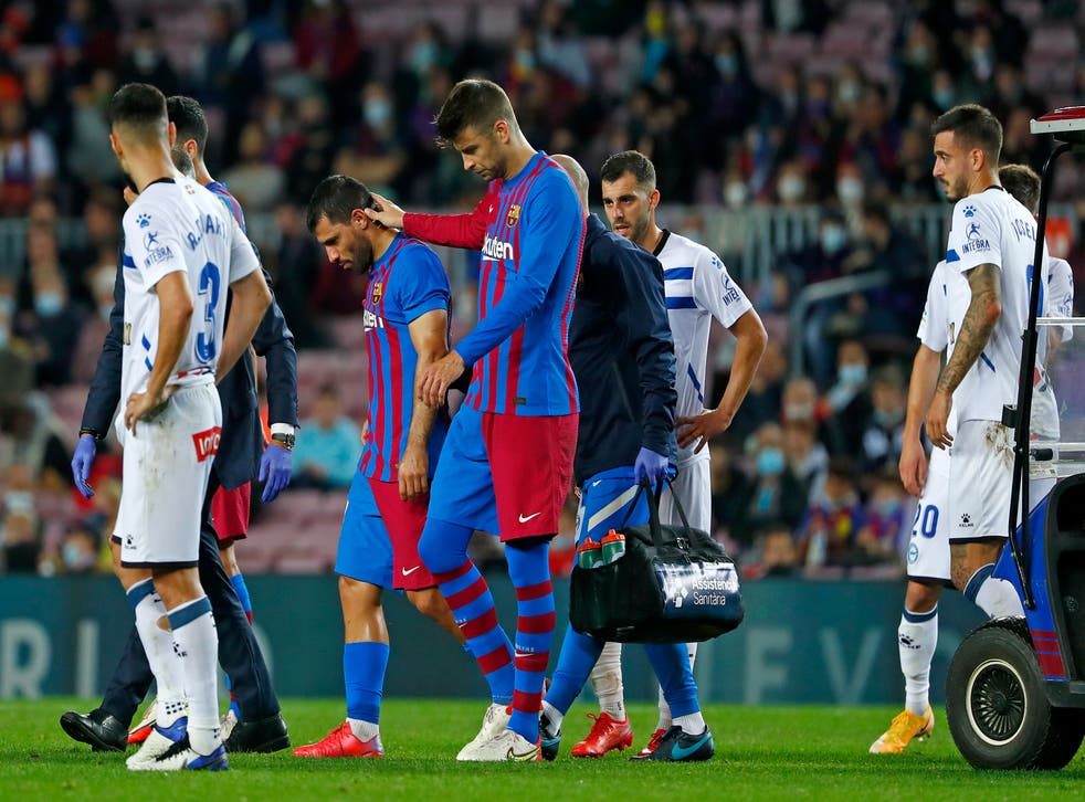 <p>Barcelona’s Sergio Aguero, second left, lasted less than 45 minutes against Alaves (Joan Monfort/AP)</p>