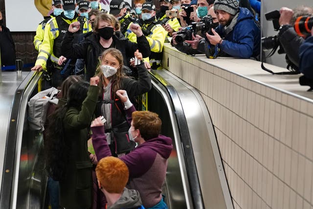 <p>Greta Thunberg arrives at Glasgow Central train station on Saturday </p>