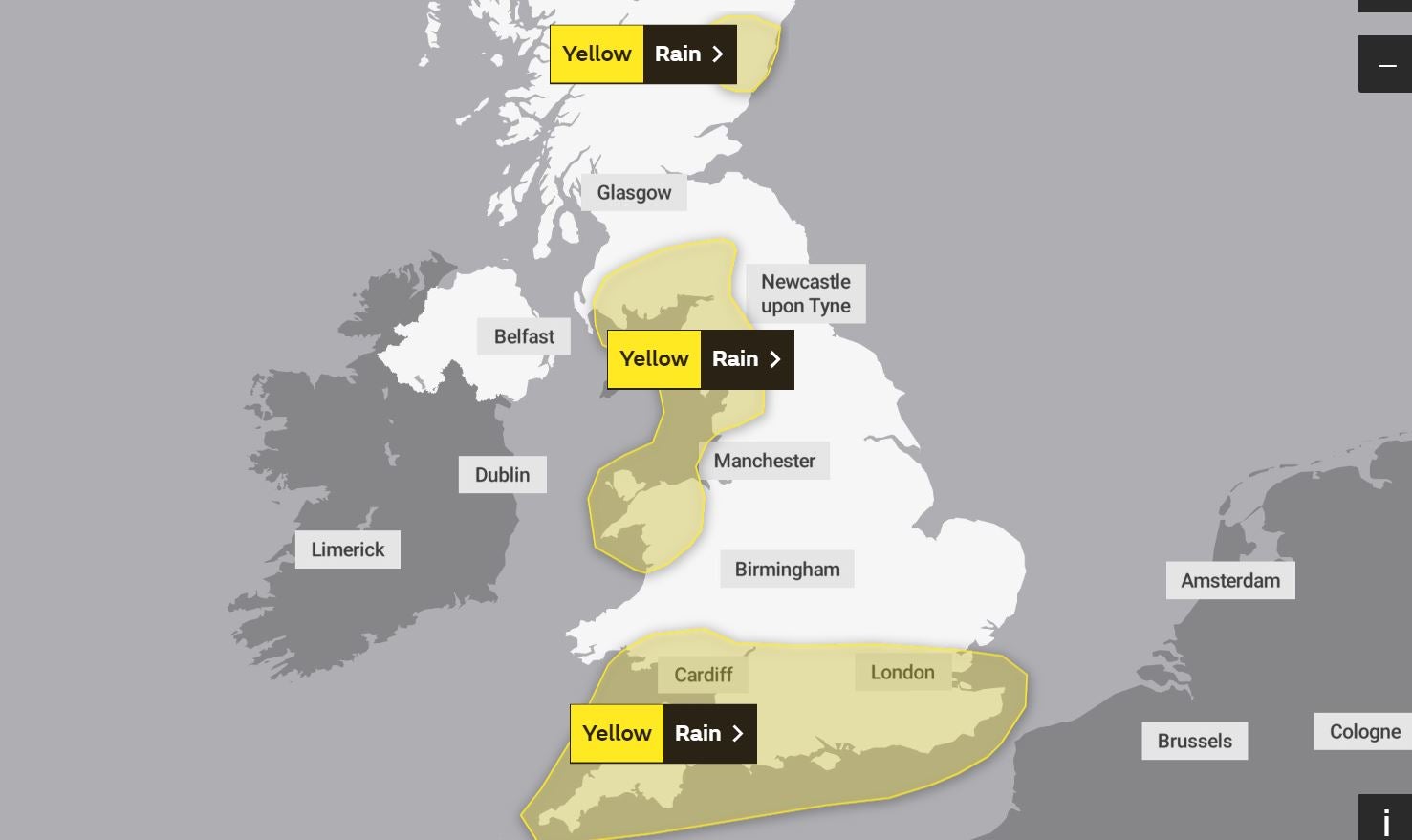 Yellow warnings are in place for Sunday from the Met Office