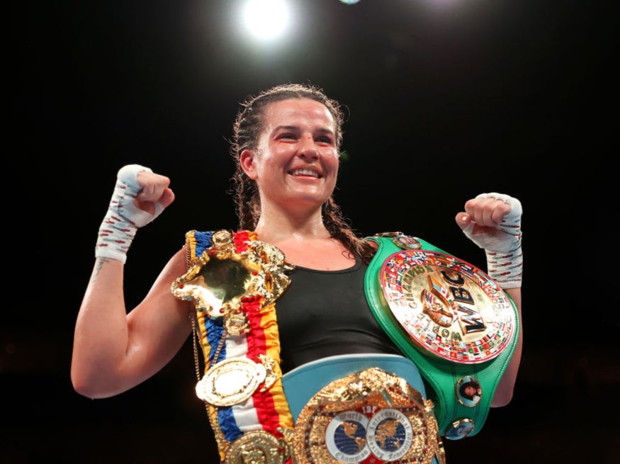 Chantelle Cameron celebrates her victory at the O2 Arena
