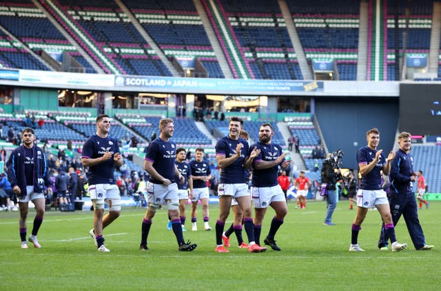 Scotland players take the acclaim of the crowd after their win over Tonga (Steve Welsh)