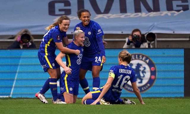 Beth England celebrates Chelsea’s third (Martin Rickett/PA)
