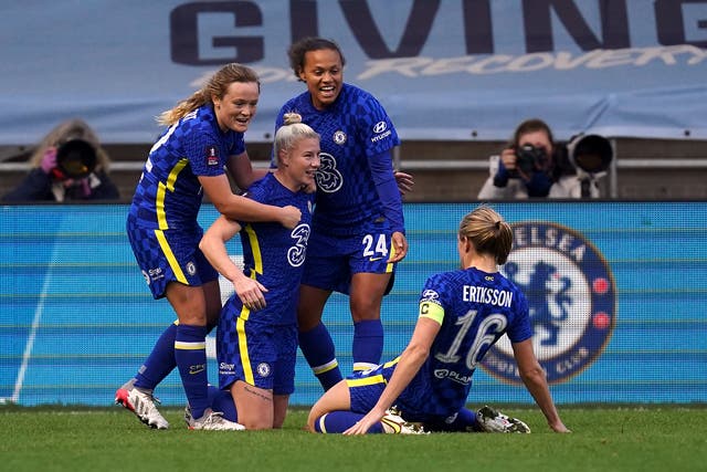 Beth England celebrates Chelsea’s third (Martin Rickett/PA)