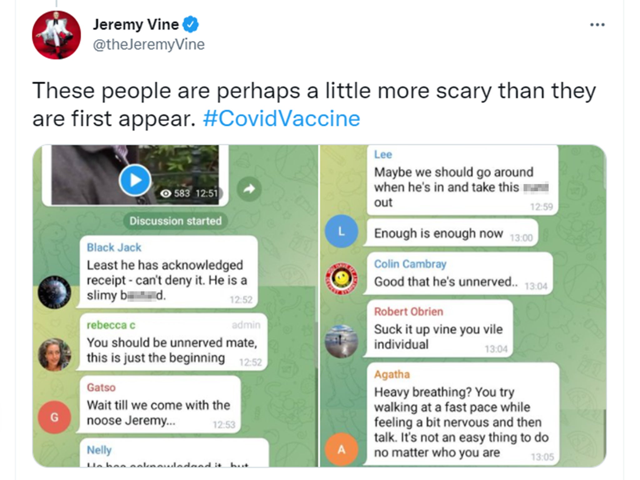 Jeremy Vine posted on Twitter threats made against him by anti-vaxxers on Telegram