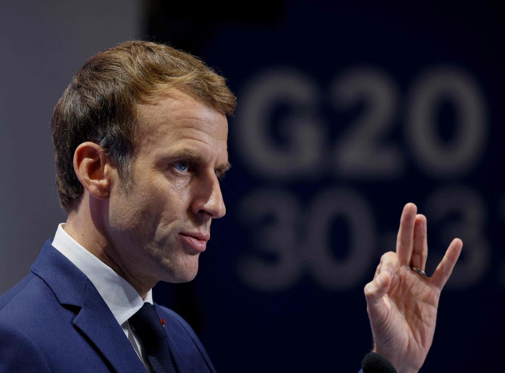 <p>France’s President Emmanuel Macron at a G20 summit news conference in Rome on Sunday </p>