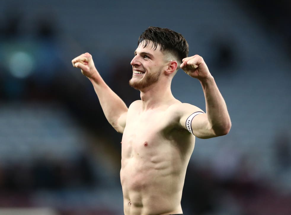 <p>Declan Rice of West Ham United celebrates their side's victory</p>