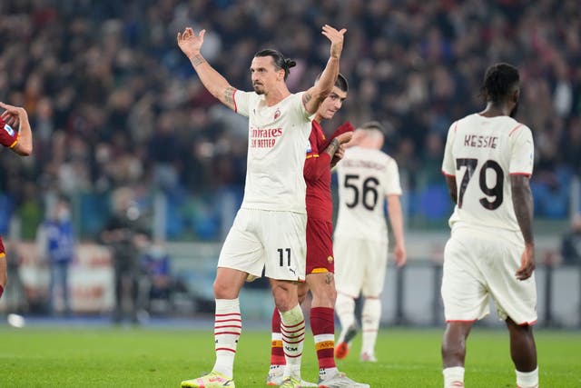 AC Milan’s Zlatan Ibrahimovic was on target in a 2-1 win at Roma (Gregorio Borgia/AP)