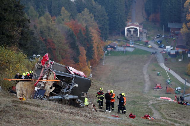 <p>Police and rescue service members are seen near the crashed cable car in Liberec, Czech Republic</p>