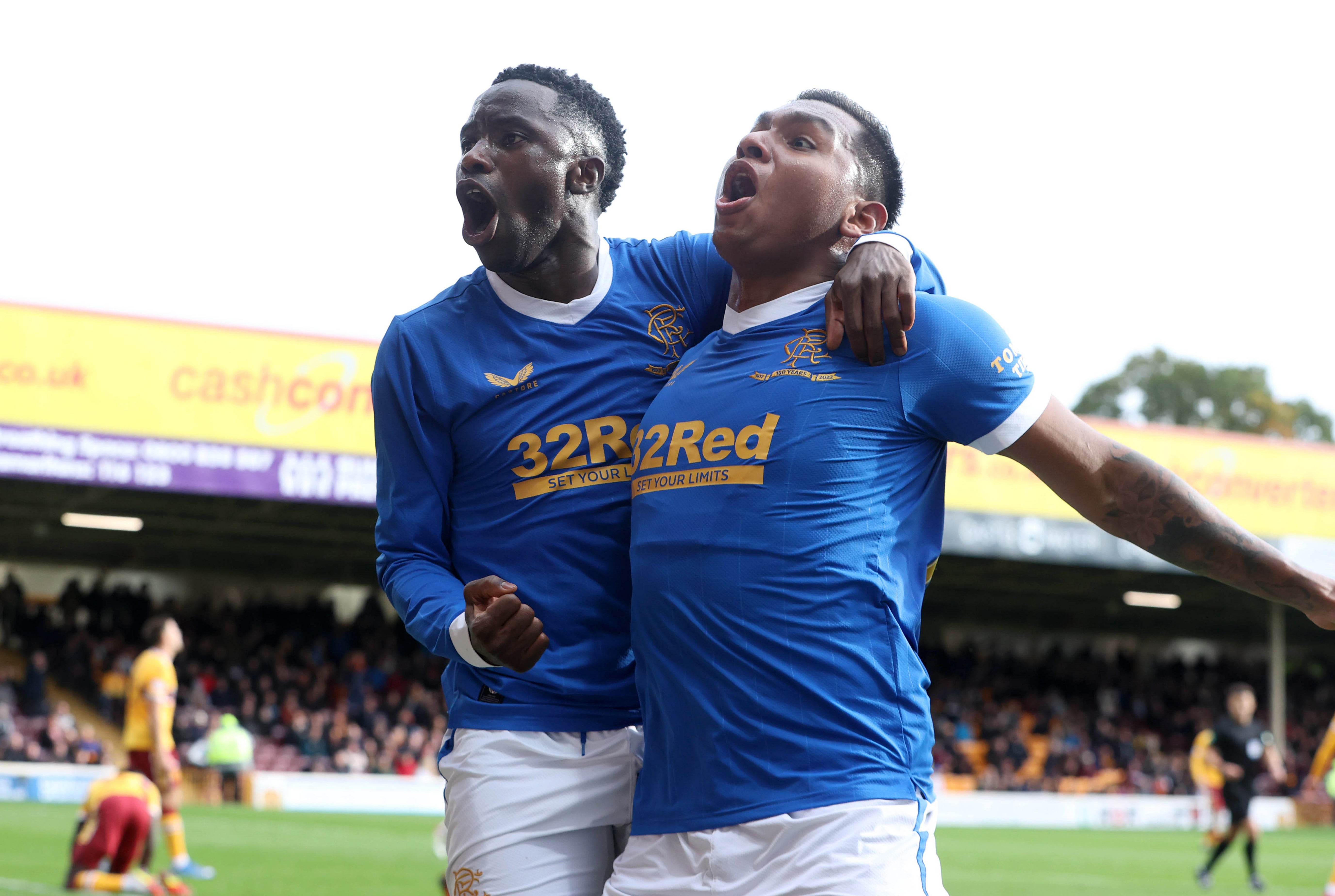 Fashion Sakala (left) celebrates after scoring as Rangers romped to a 6-1 win over Motherwell to take them four points clear at the top of the cinch Premiership (Jeff Holmes/PA)