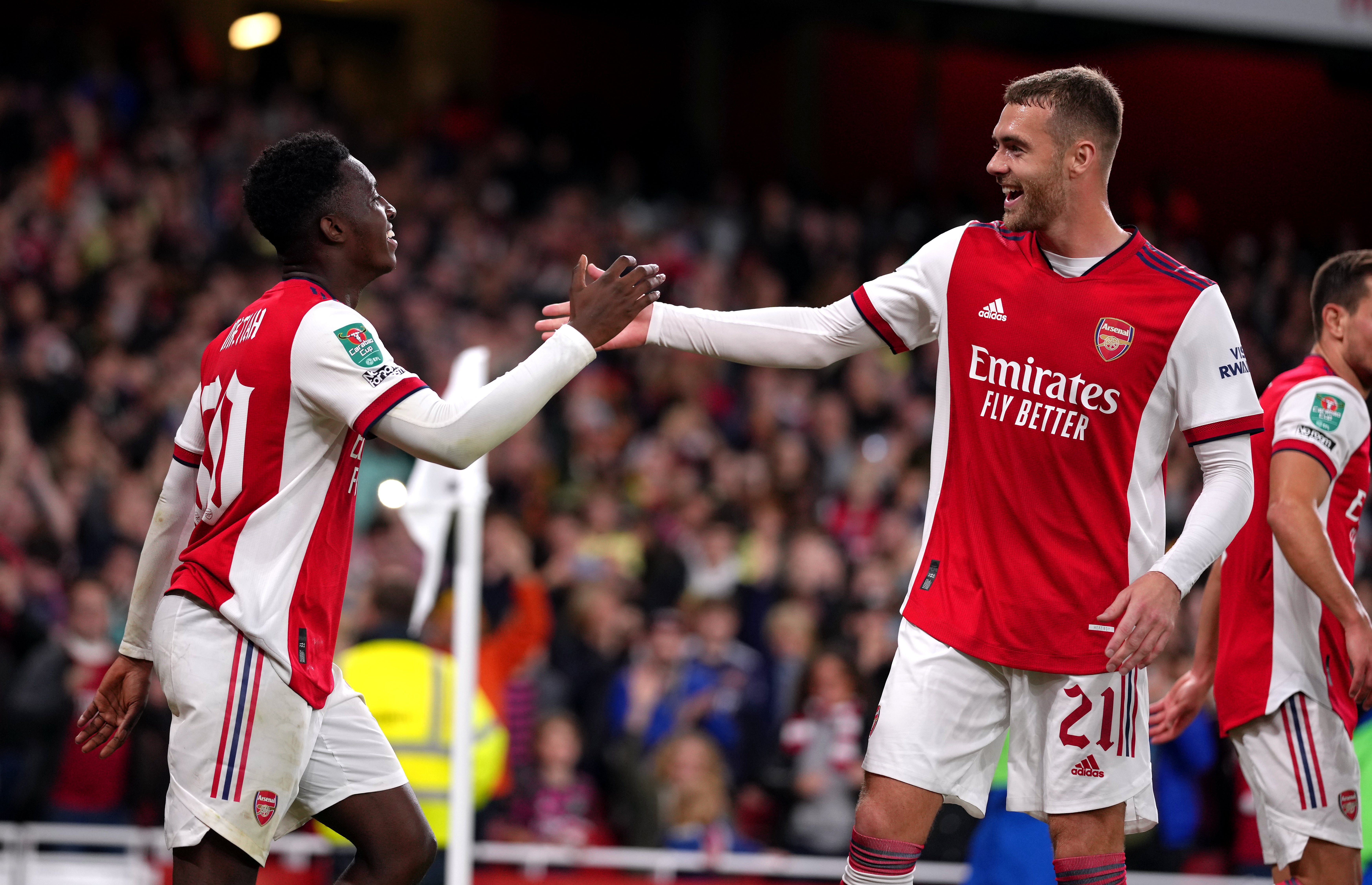 Arsenal’s Eddie Nketiah celebrates scoring in a 2-0 win at Leicester (John Walton/PA)
