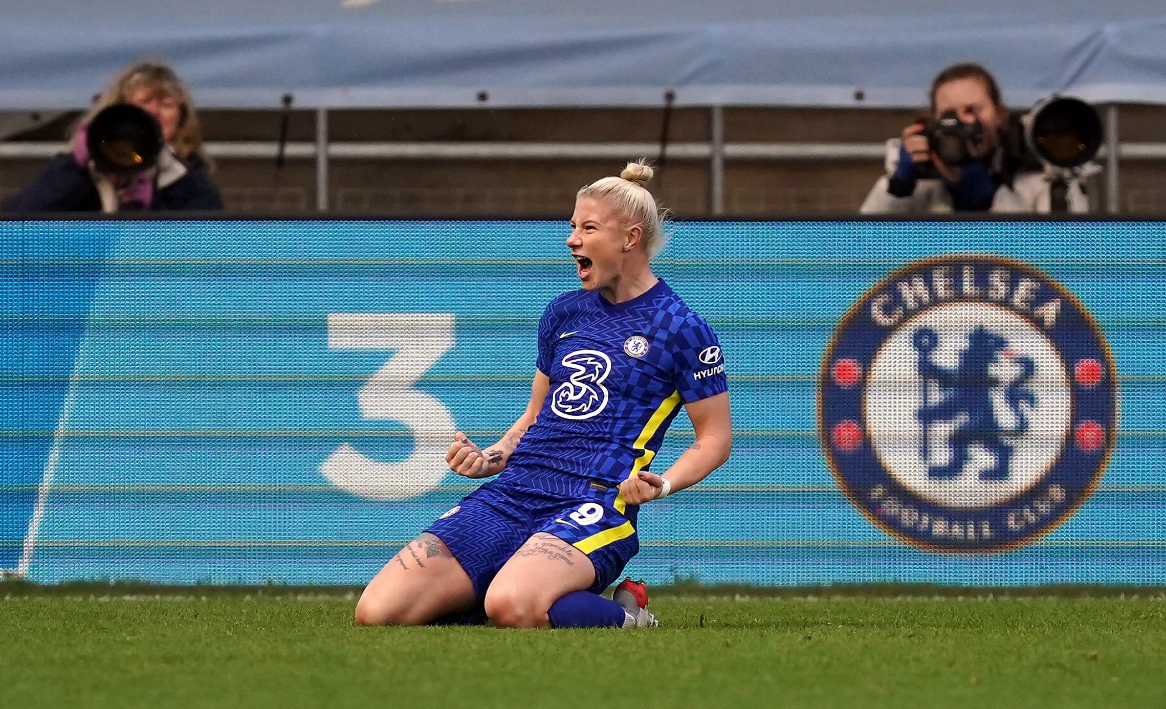 Chelsea’s Bethany England celebrates scoring her side’s third goal in a 3-0 victory in the FA Cup semi-final against Manchester City (Martin Rickett/PA)