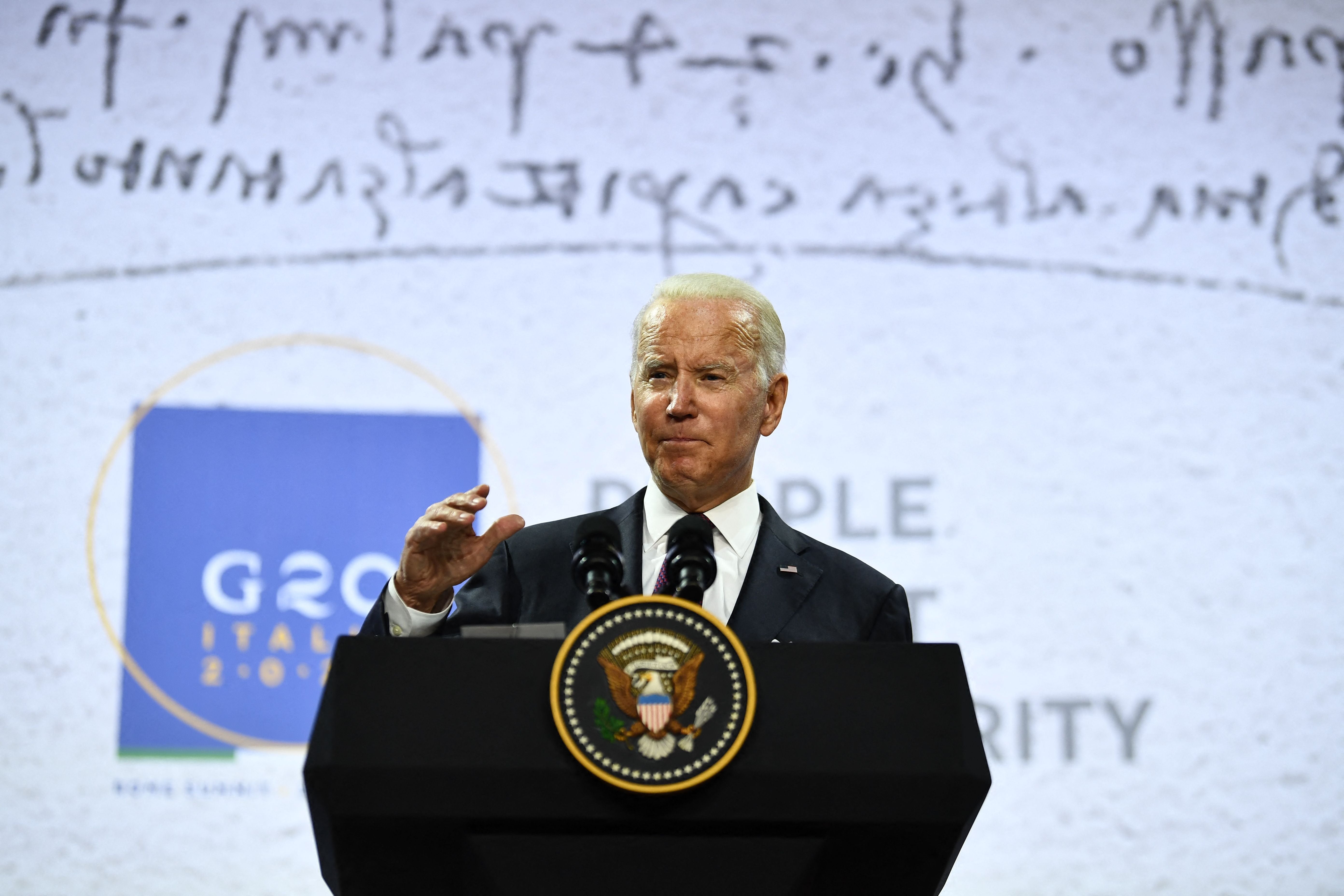 US President Joe Biden addresses a press conference at the end of the G20 of World Leaders Summit on 31 October 2021 at the convention center "La Nuvola" in the EUR district of Rome