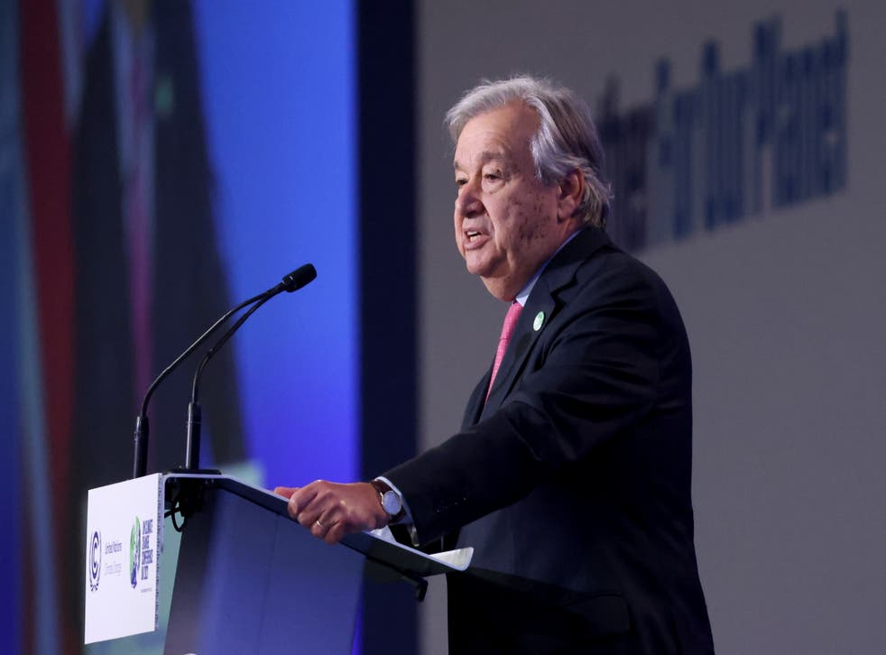 <p>UN Secretary-General Antonio Guterres delivers a speech during the opening ceremony of the UN Climate Change Conference COP26 at SECC on November 1 2021</p>
