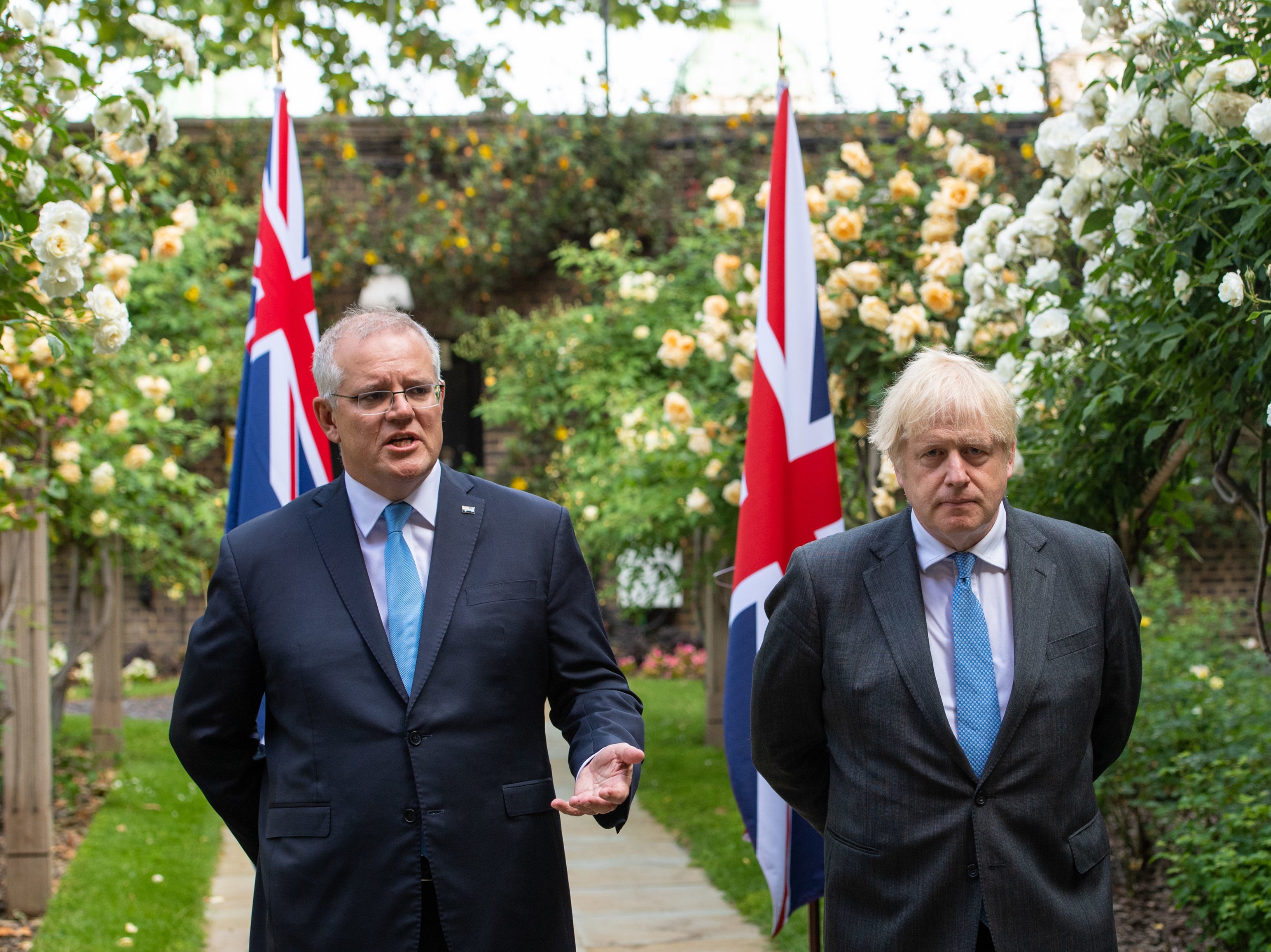 Boris Johnson and Australian PM Scott Morrison at No 10, after agreeing the broad terms of a free-trade deal in June