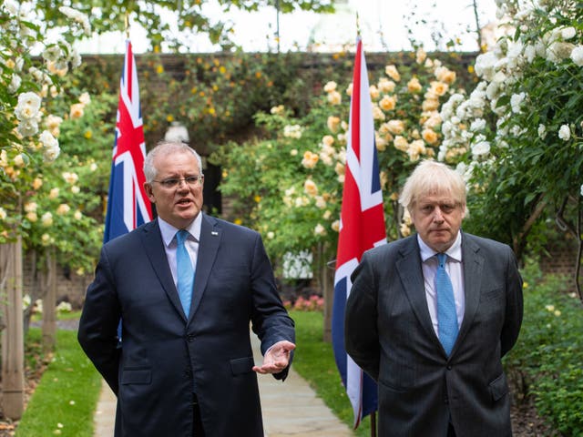 <p>Boris Johnson and Australian PM Scott Morrison at No 10, after agreeing the broad terms of a free-trade deal in June</p>