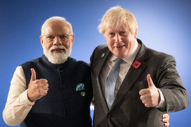 Indian prime minister Narendra Modi with Boris Johnson at the UN’s Cop26 climate summit in Glasgow
