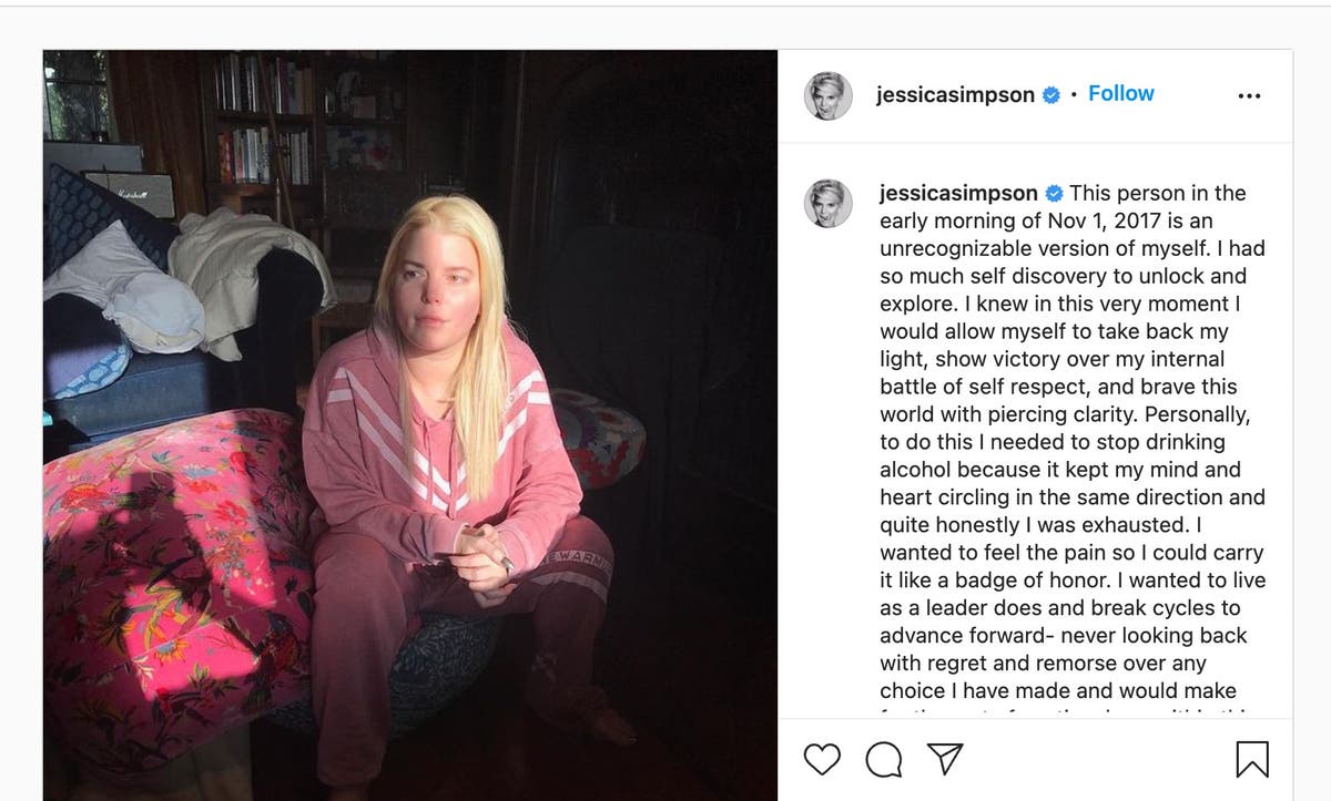  Jessica Simpson shares unrecognisable photo from height of addiction as she marks four years sober