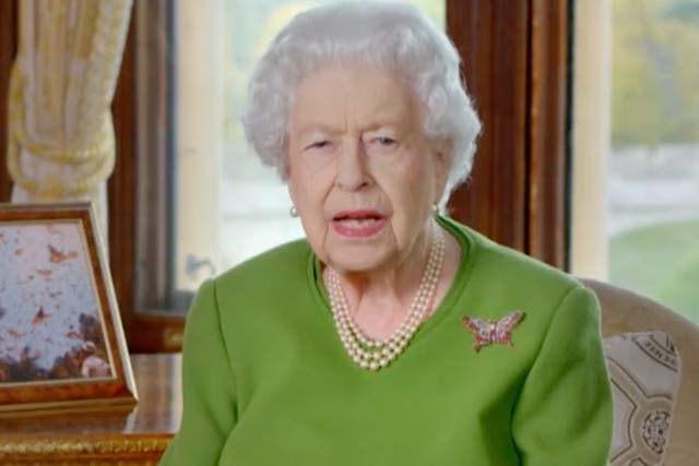 <p>A screenshot shows the Queen addressing world leaders at Cop26 in a pre-recorded video message</p>