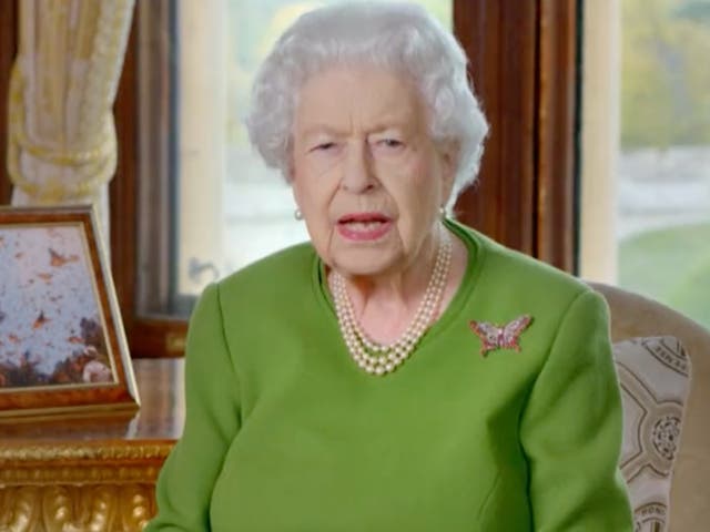 Una captura de pantalla muestra a la Reina dirigiéndose a los líderes mundiales en Cop26 en un mensaje de video pregrabado.