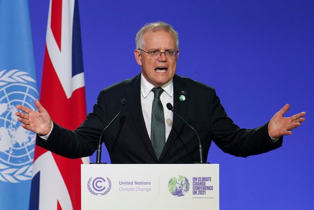 <p>File: Australian prime minister Scott Morrison delivers an address during the COP26 Summit</p>