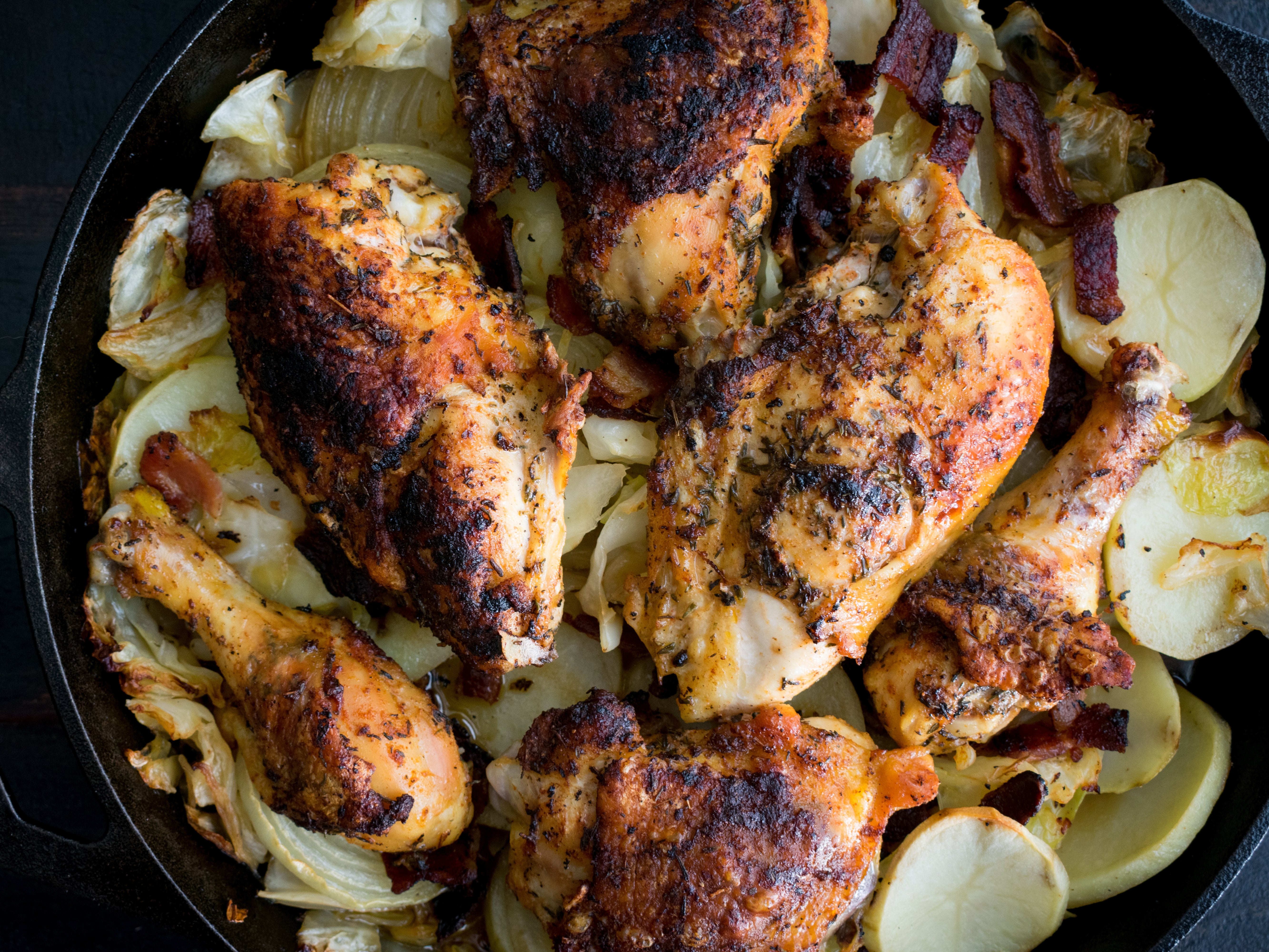 Roast chicken with classic autumn ingredients for a quick, flavourful one-pot supper