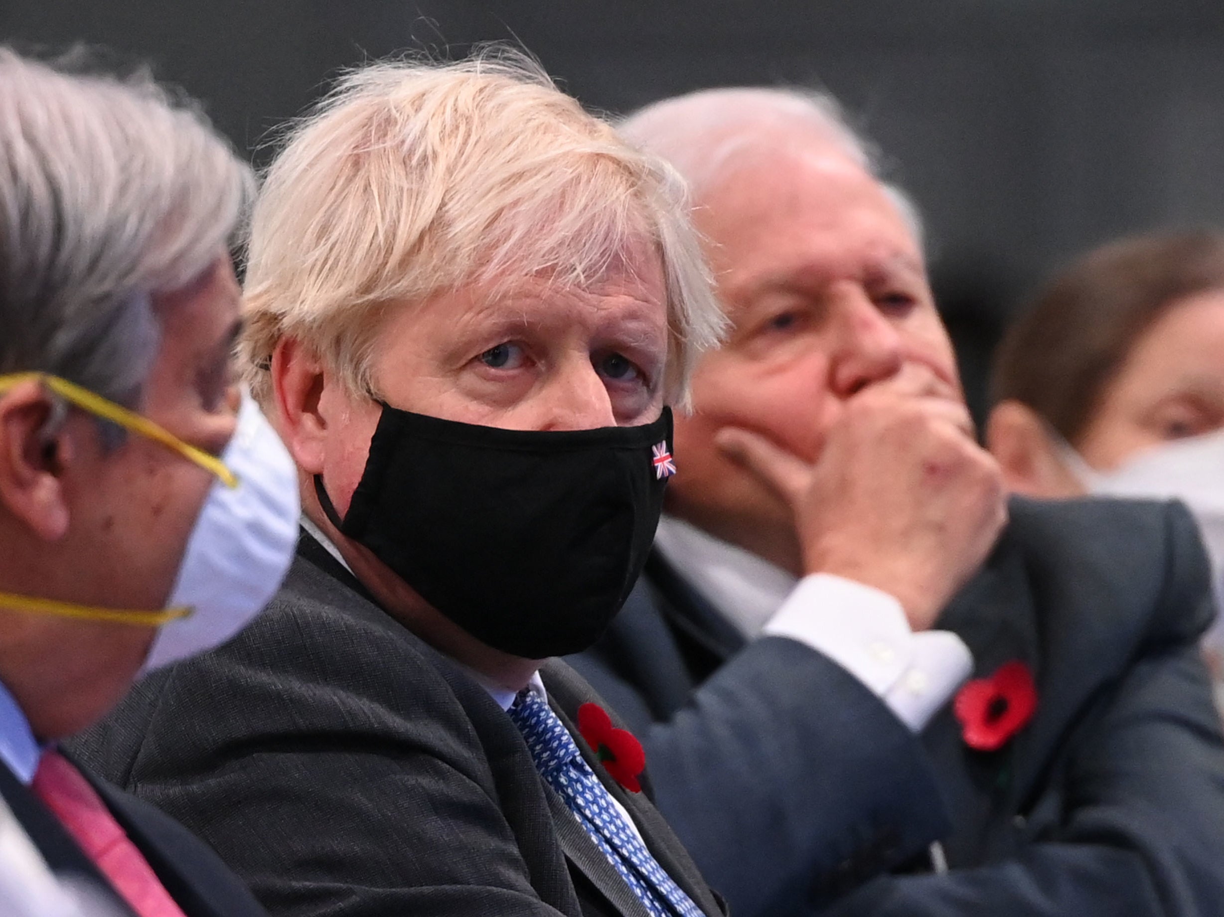 Johnson pictured with a mask, and Attenborough (right) without in another photo taken during the conference