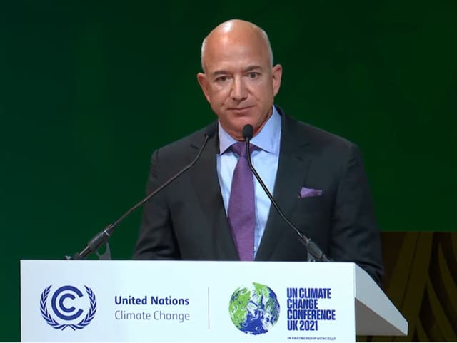 <p>Jeff Bezos addresses Cop26 on Tuesday 2 November</p>