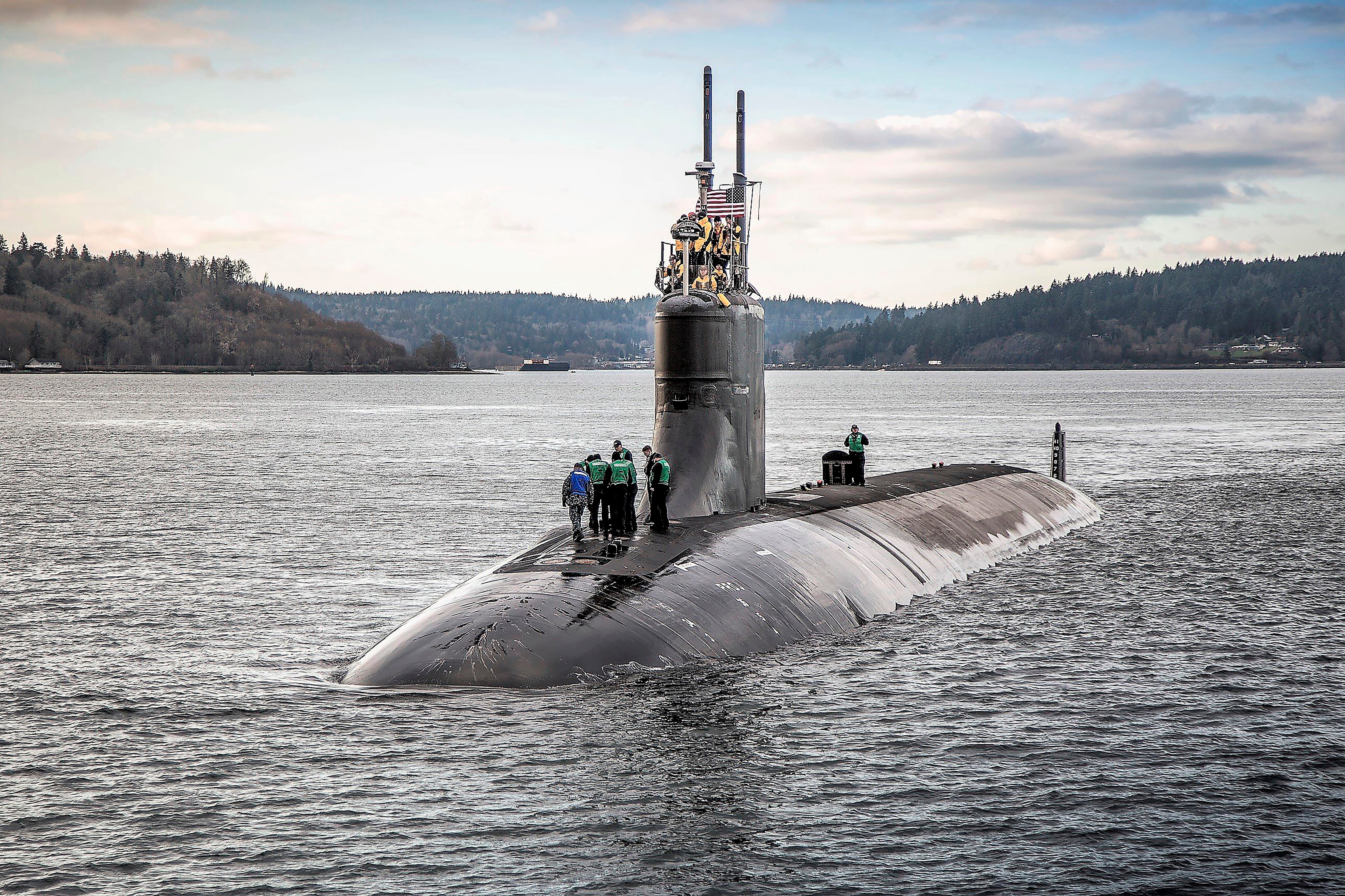 File photo: The Sea Wolf-class fast-attack submarine USS Connecticut departs Puget Sound Naval Shipyard for sea trials in December 2016