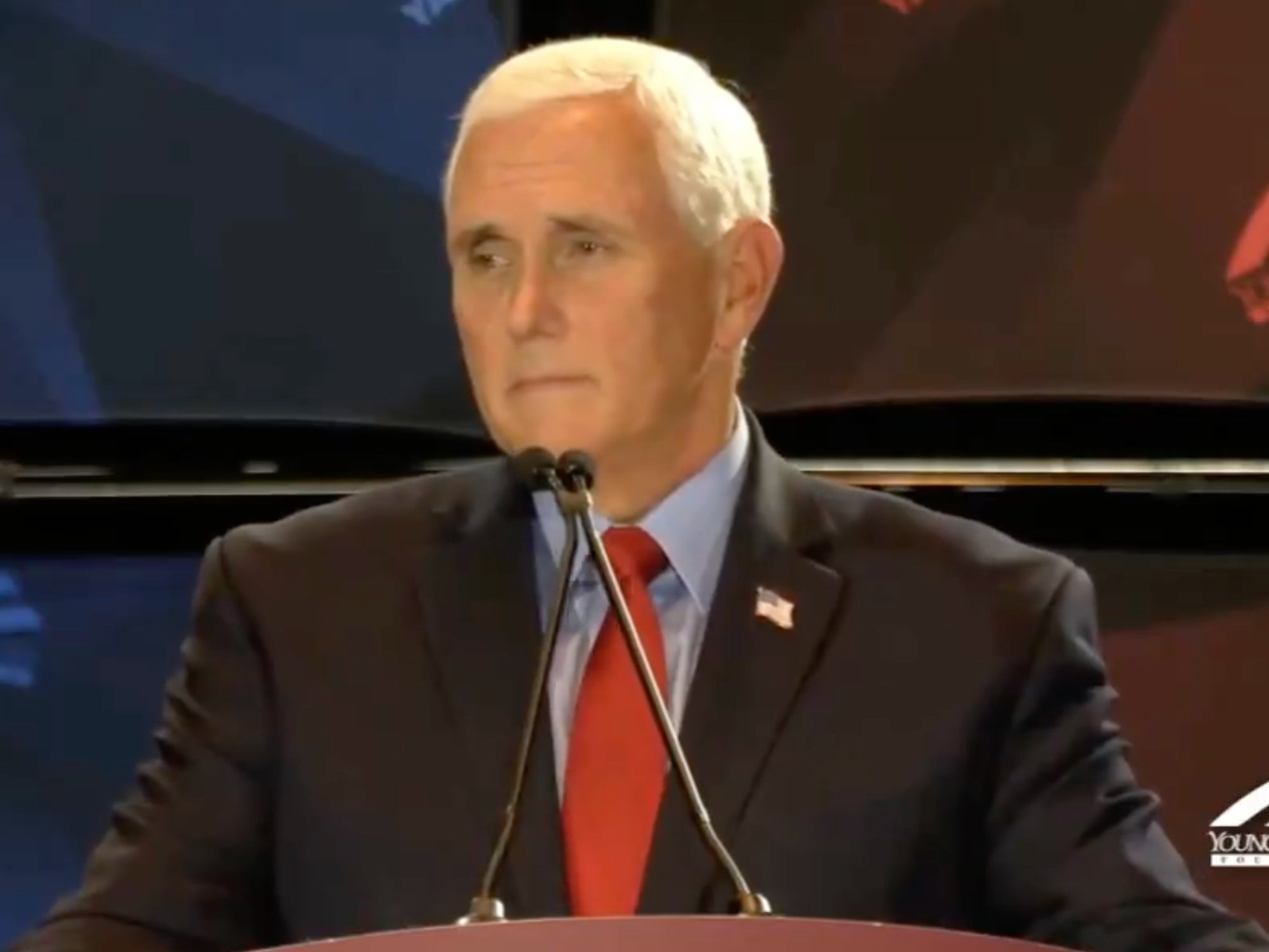 <p>Mike Pence speaking at a Young America’s Foundation event on Monday in Iowa</p>